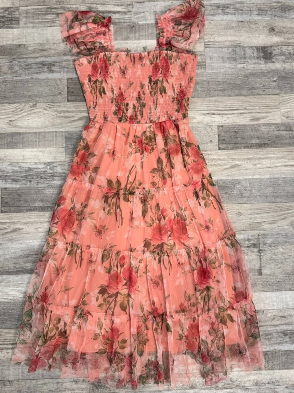 BalticBorn pink floral tiered tulle dress smocked romantic size large P22